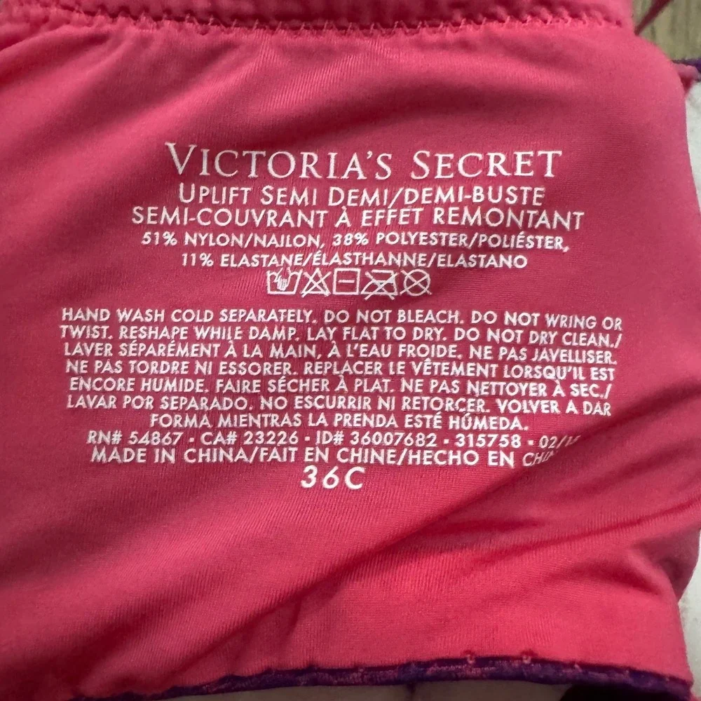 Victorias Secret Uplift Semi Demi Bra Purple Pink Straps 36C Comfort Underwire